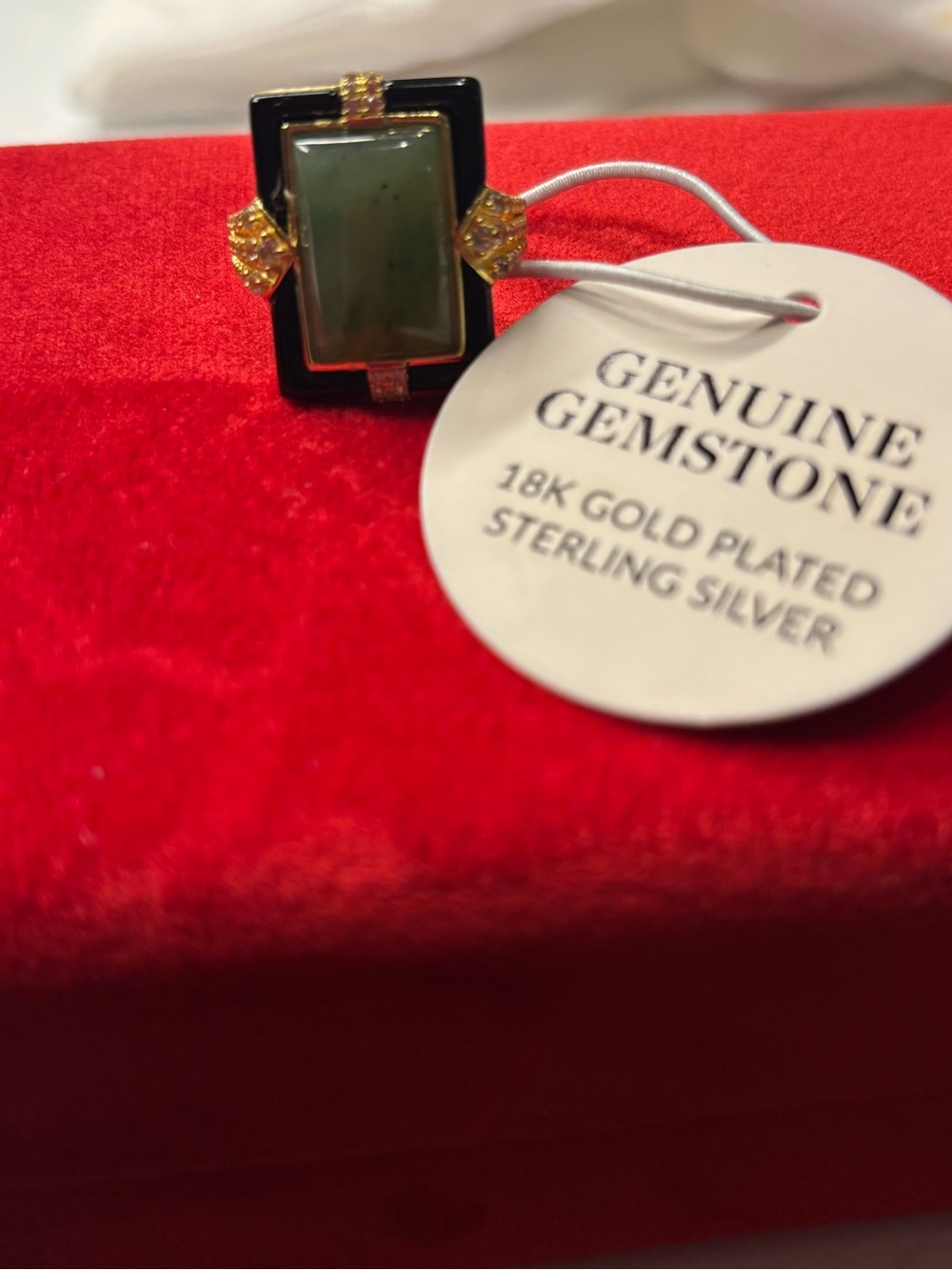 Art Deco Style Jade and Black Onyx Ring in 18k Gold Vermeil size 7